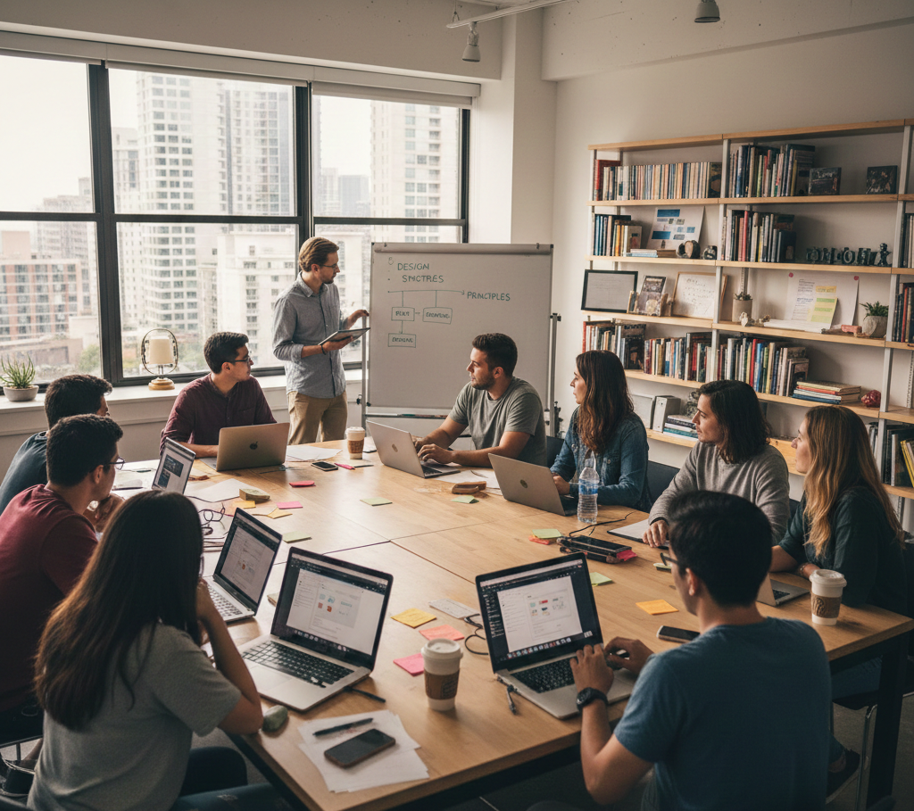 Estudiantes aprendiendo sistemas de diseño en workshop