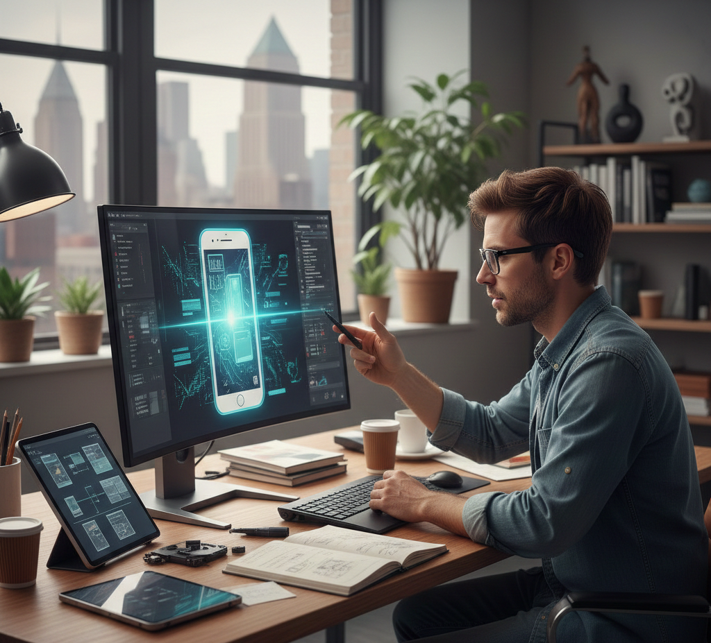 Diseñador trabajando en prototipo de producto digital